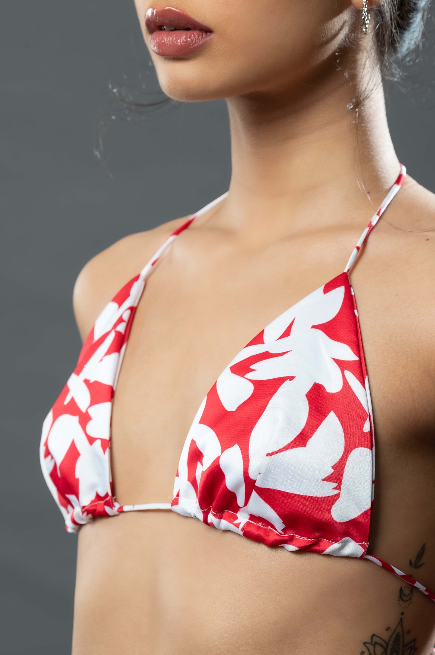 White on Red Floral Bikini Top