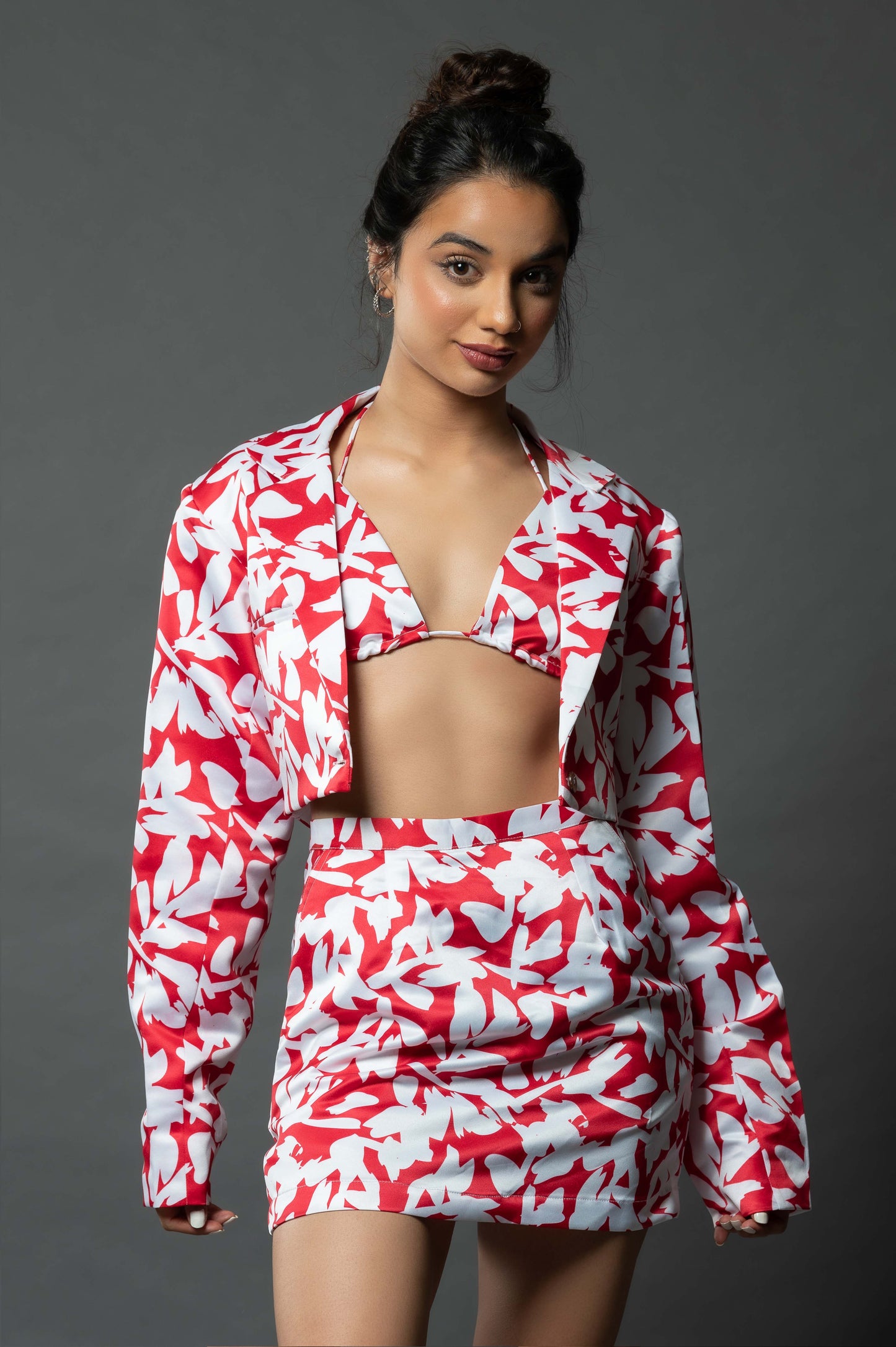 White on Red Floral Crop Blazer