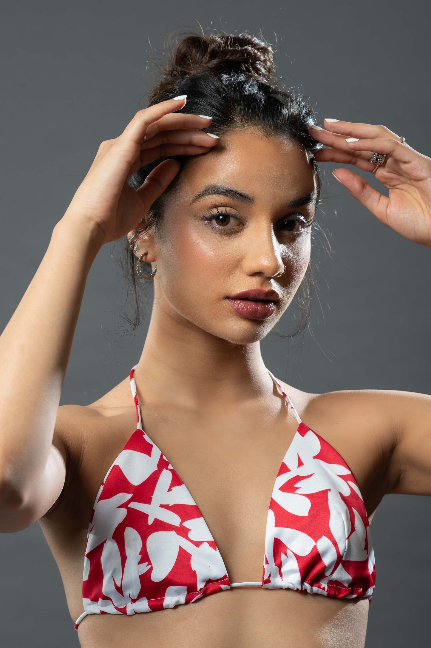 White on Red Floral Bikini Top