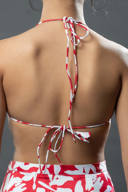 White on Red Floral Bikini Top